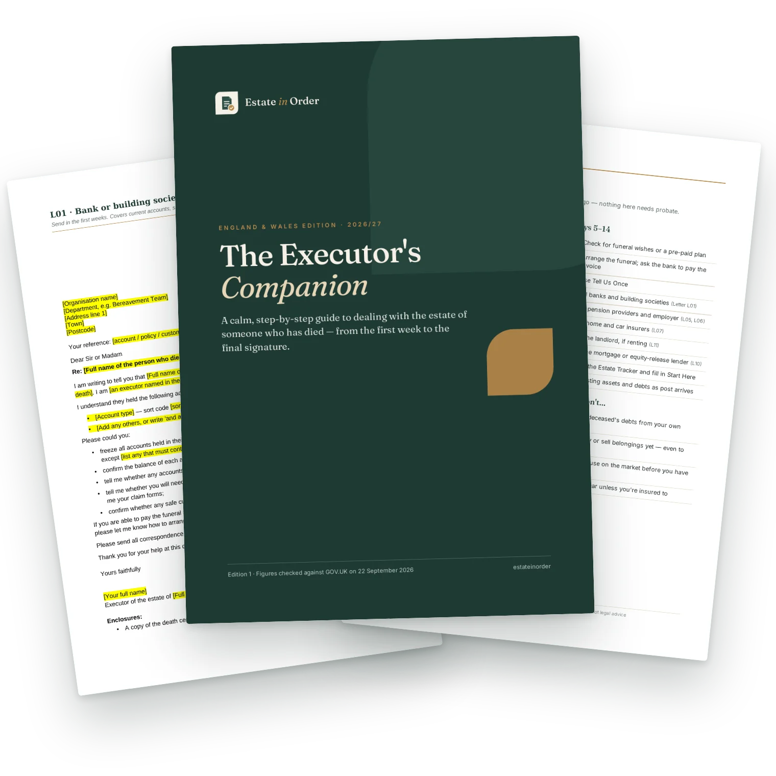 The Executor's Companion guide, a letter template and the first-fortnight checklist